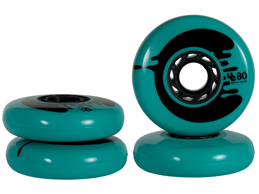 Four Teal UnderCover Cosmic Roche inline skate wheels of 80 mm and 88A durometer with full radius